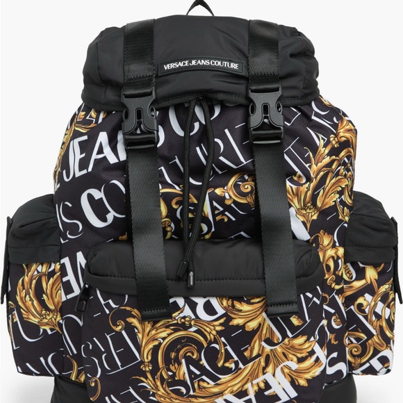 Versace Jeans Collection Black and Gold Backpack with Vibrant Design